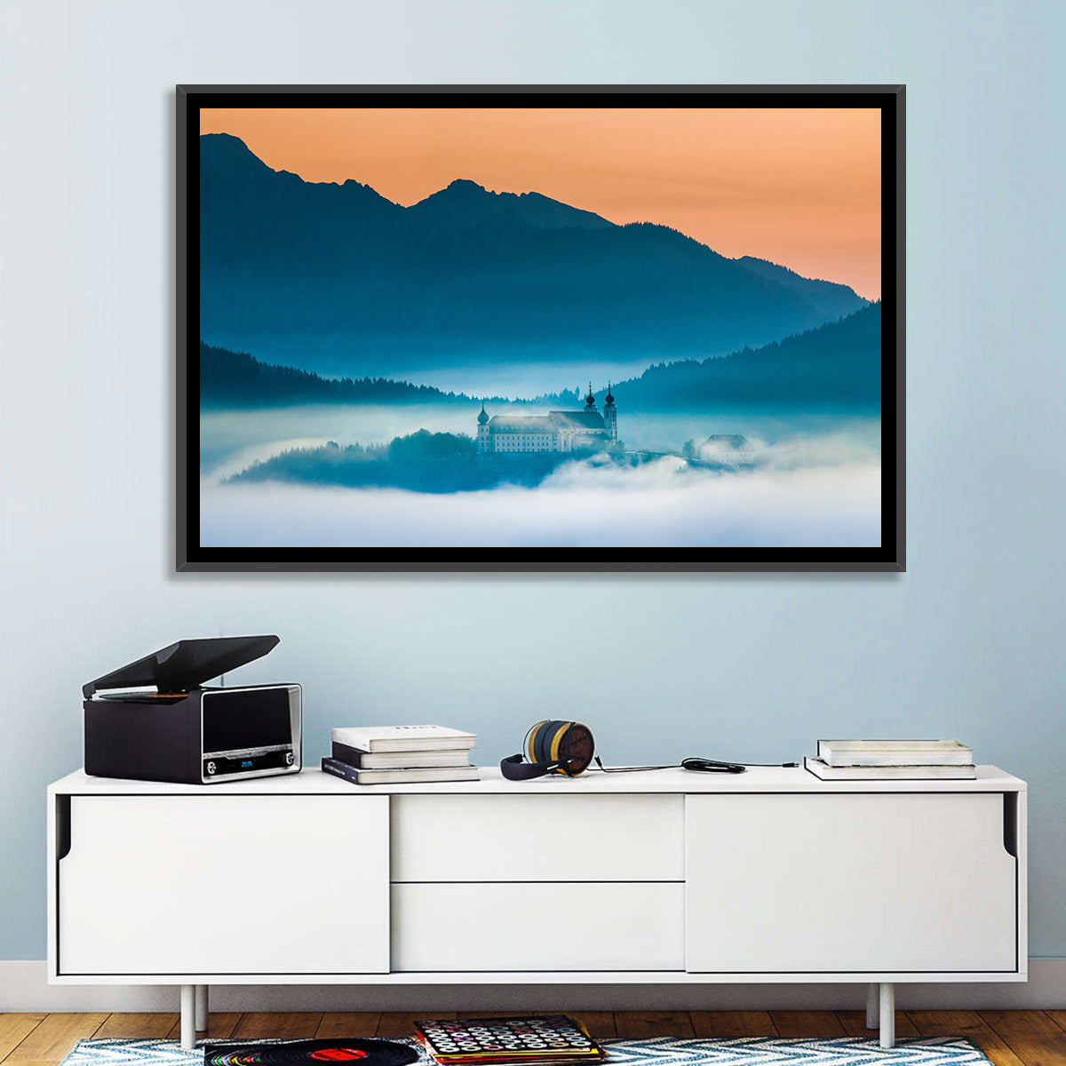 Benediktbeuern Abbey in Morning Fog Wall Art in a room, landscape