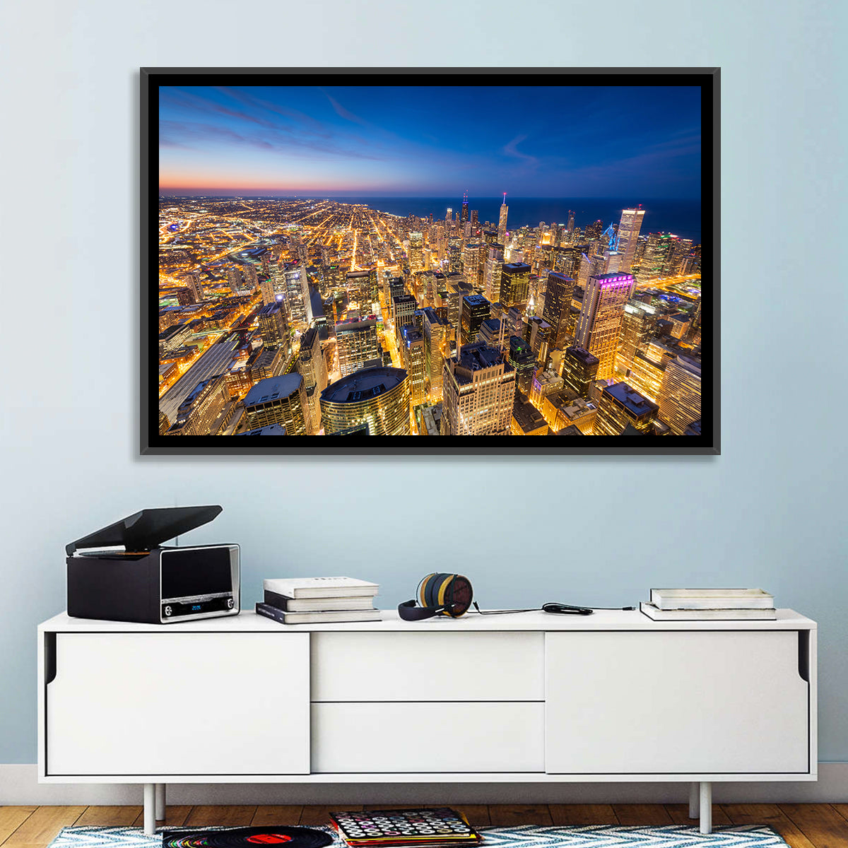 Aerial Chicago Nightscape Wall Art in a room, landscape