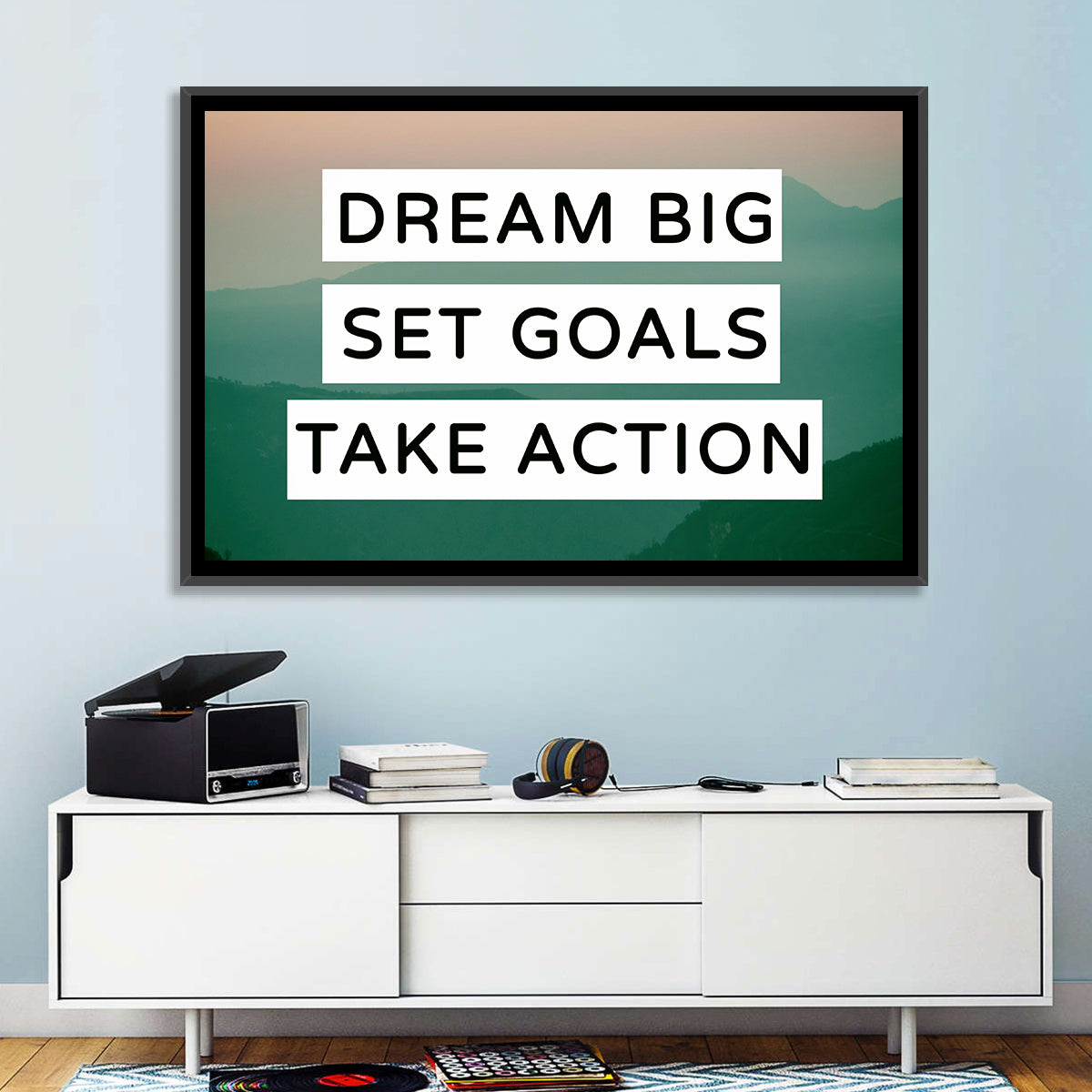 Dream Big Set Goals Wall Art in a room, landscape