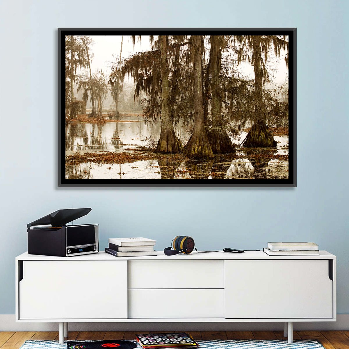 Lake Martin Cypress Morning Wall Art in a room, landscape