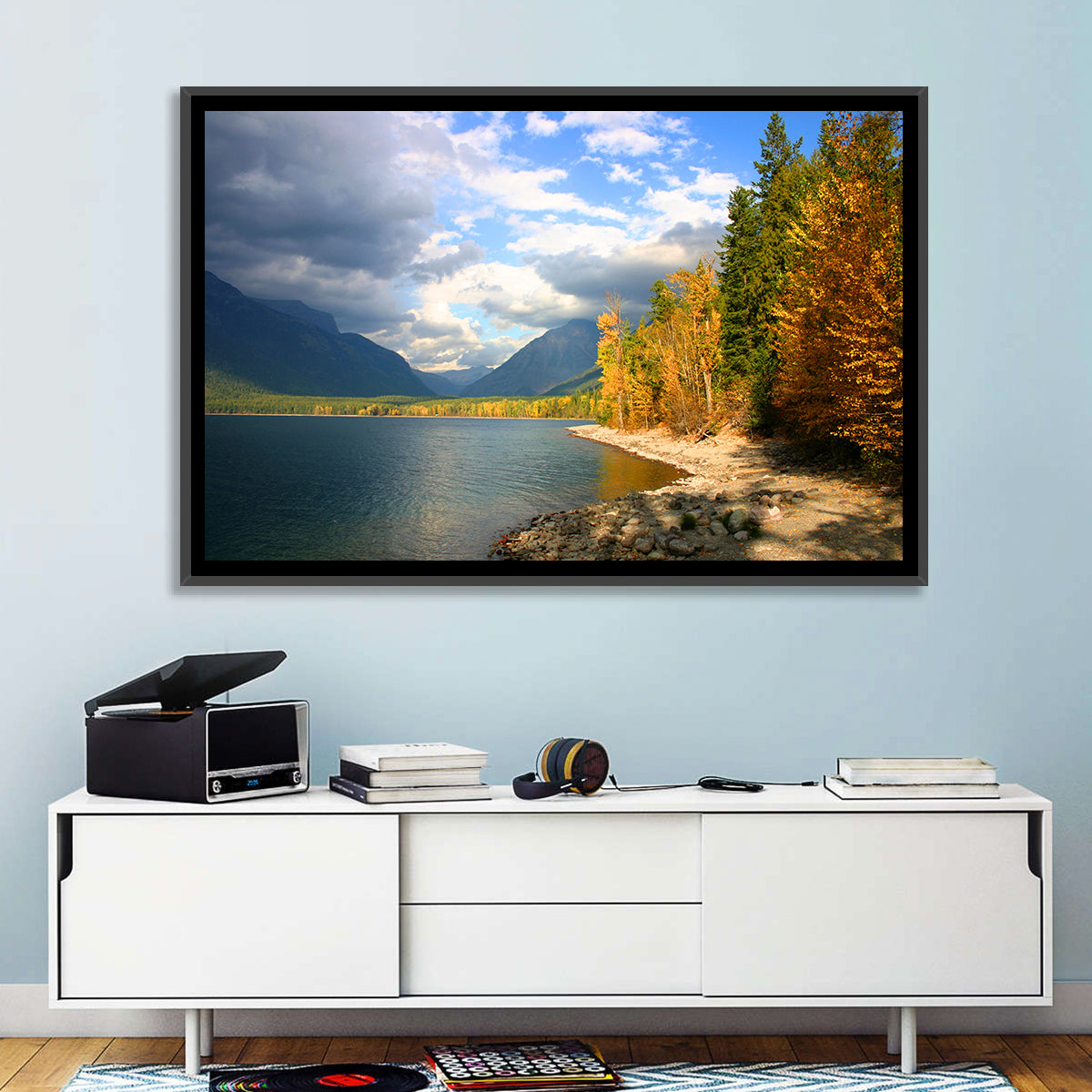 Lake Mcdonald Autumn Shoreline Wall Art in a room, landscape