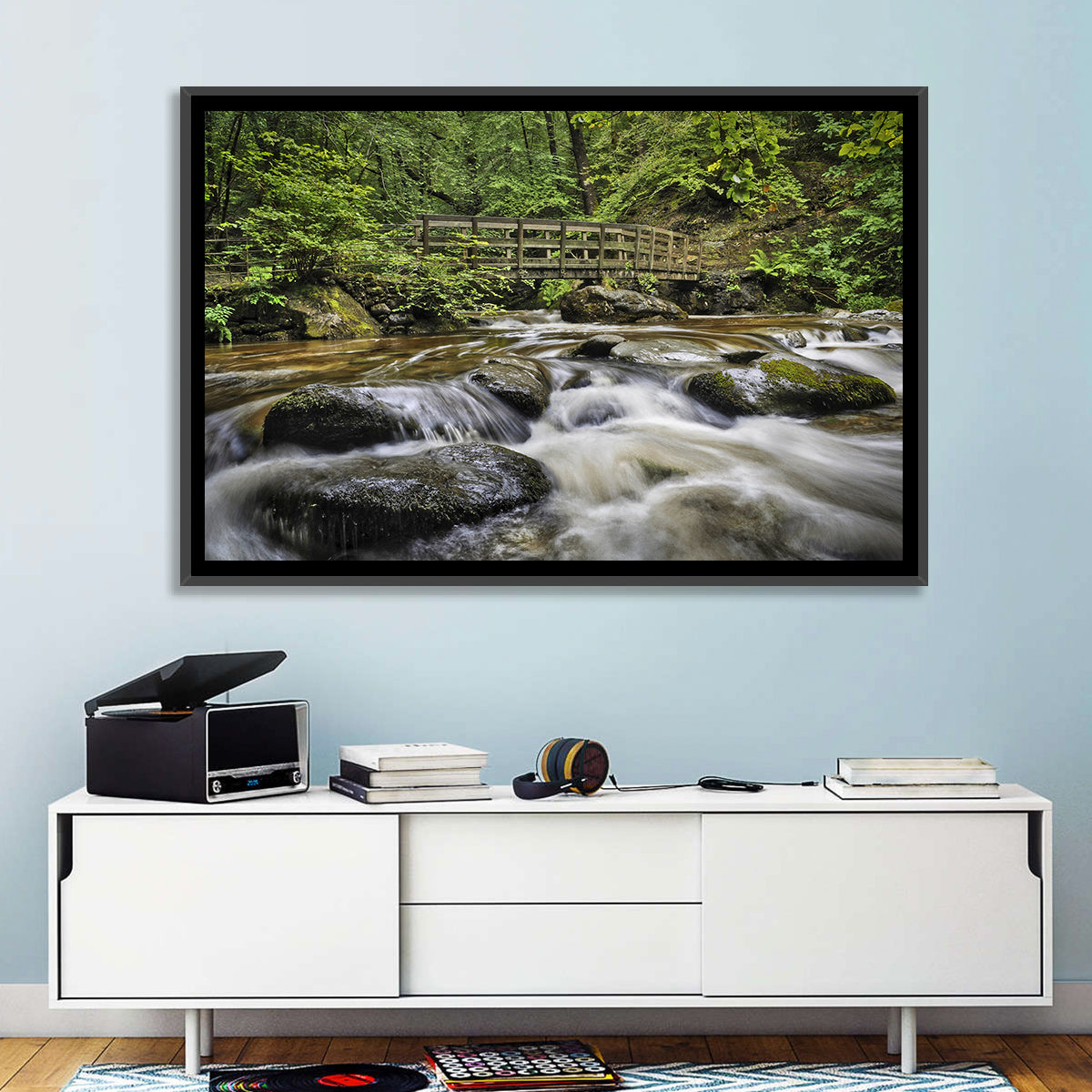 Stock Ghyll Footbridge Forest Stream Wall Art in a room, landscape