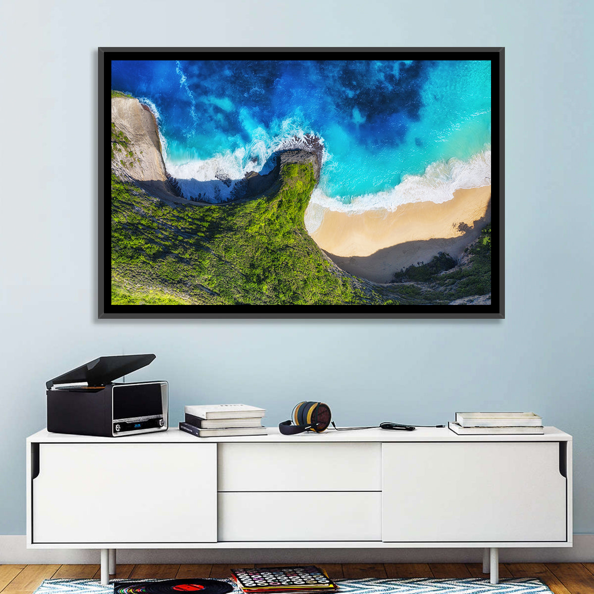 Kelingking Beach Cliffs Wall Art in a room, landscape