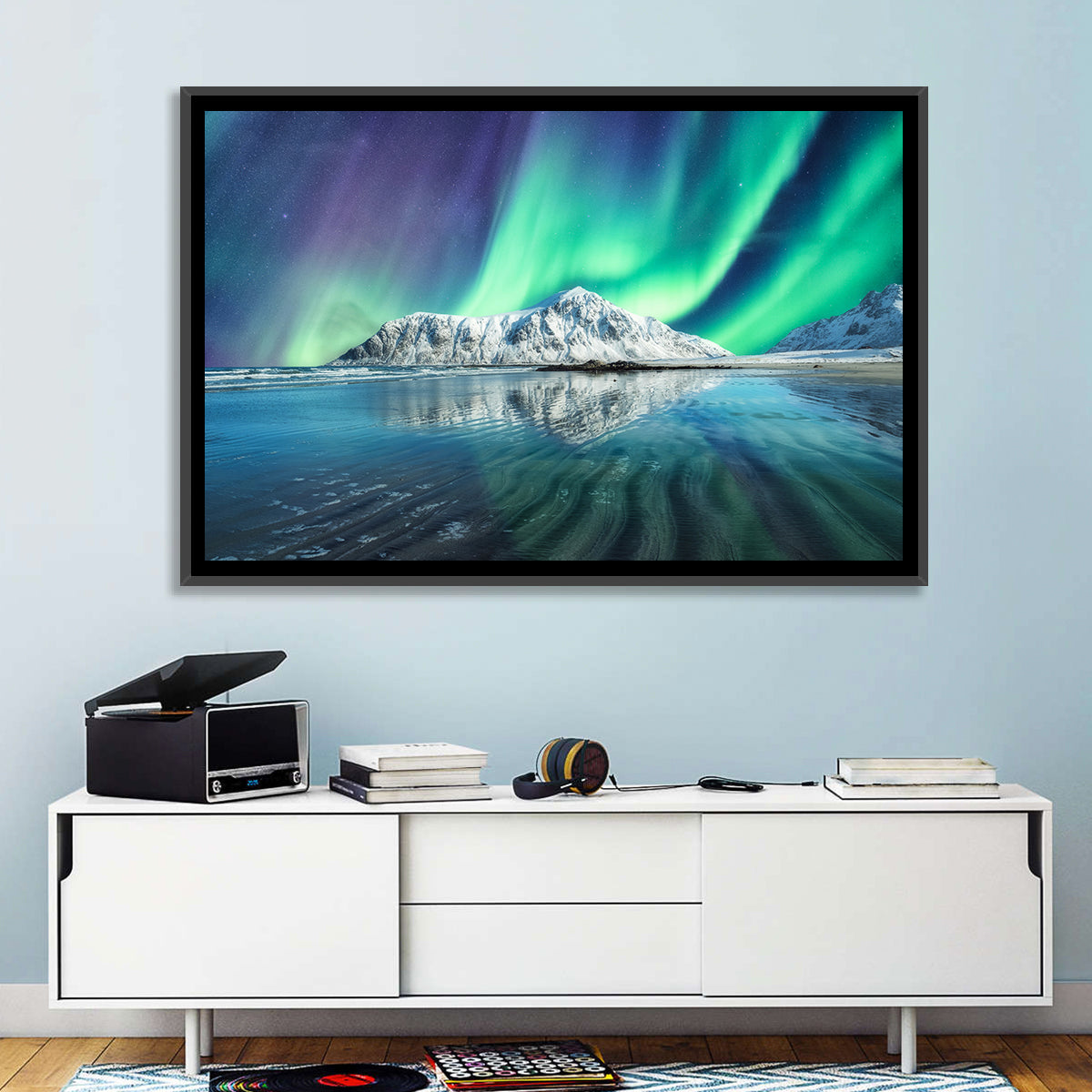 Aurora Over Skagsanden Beach Wall Art in a room, landscape