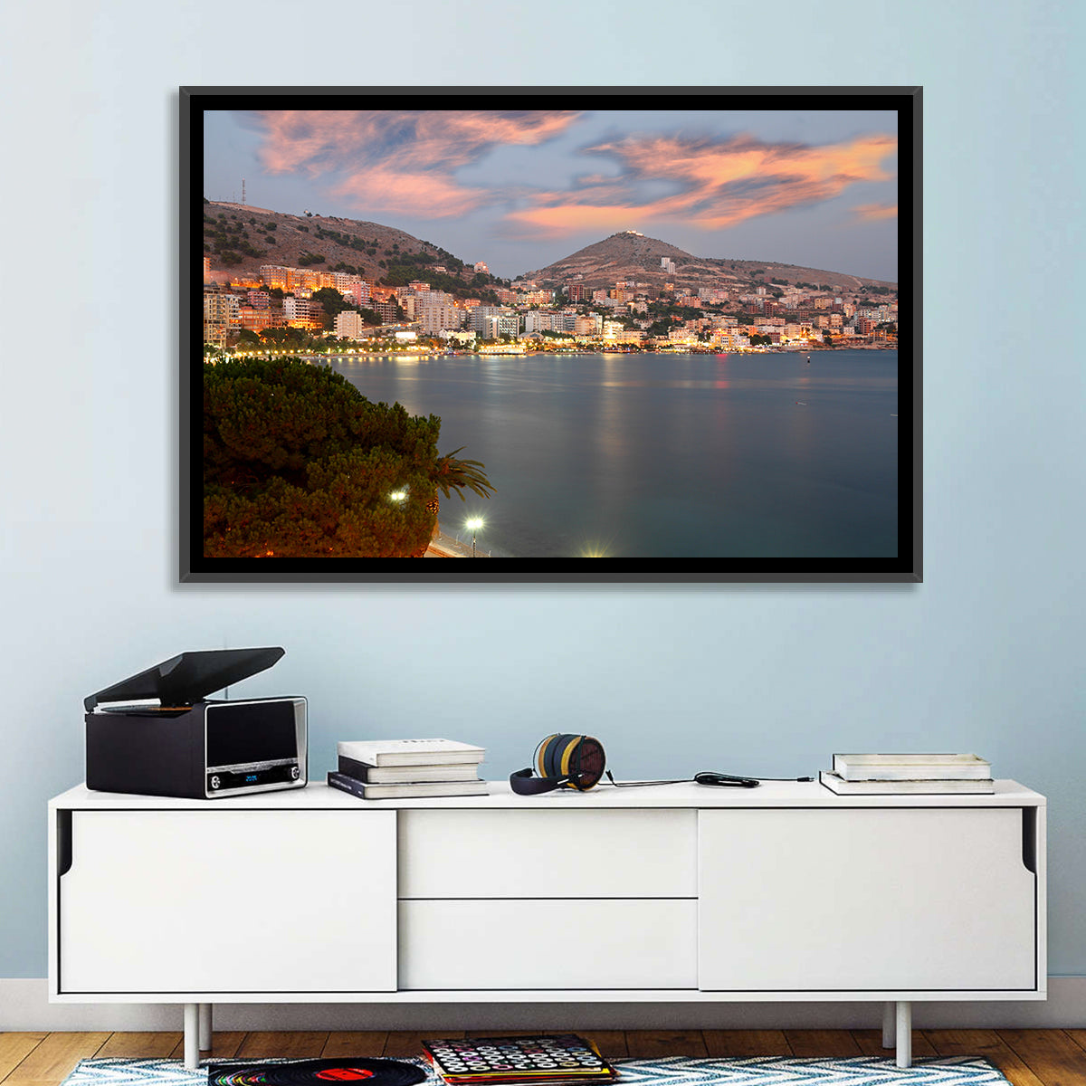 Sarandë Bay at Dusk Wall Art in a room, landscape