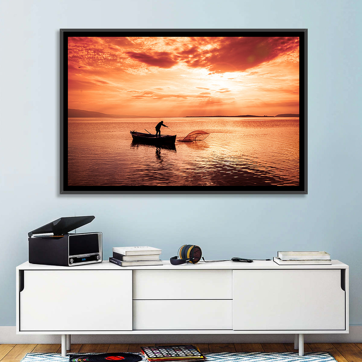 Uluabat Lake Fisherman at Dusk Wall Art in a room, landscape