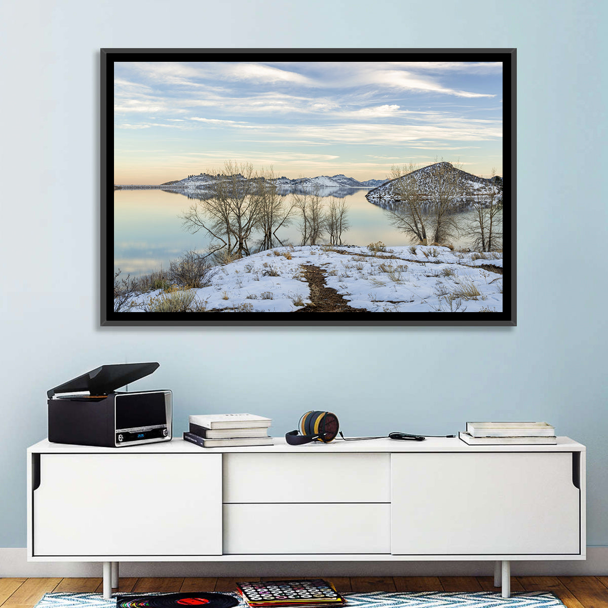 Horsetooth Reservoir Frozen Reflection Wall Art in a room, landscape