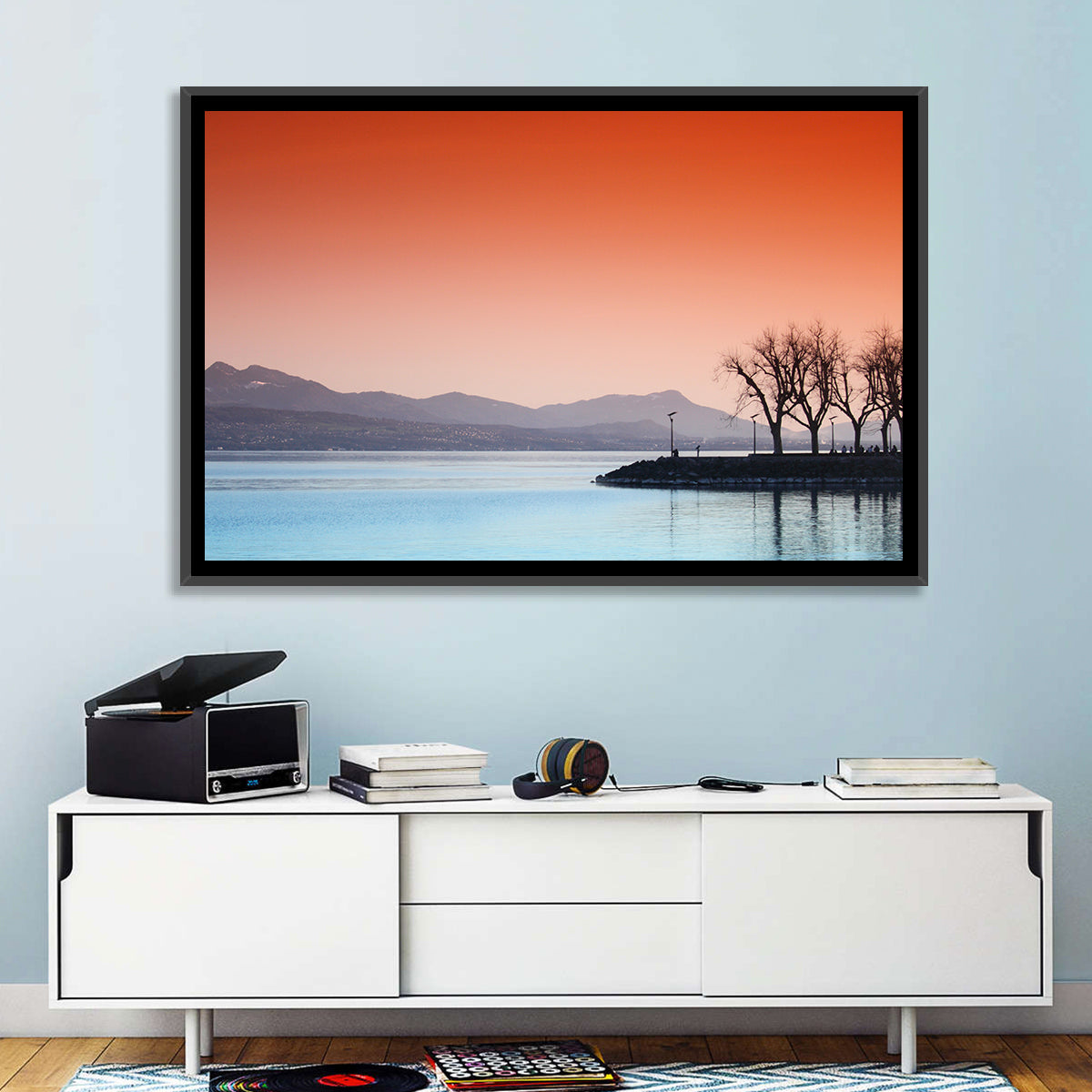 Lake Geneva Sunset Reflection Wall Art in a room, landscape