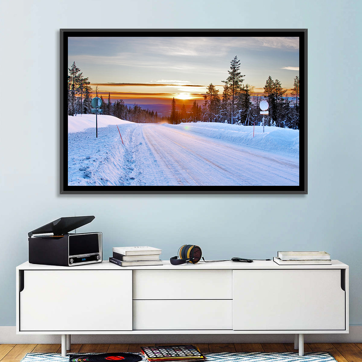 Snowy Road at Sunset Wall Art in a room, landscape