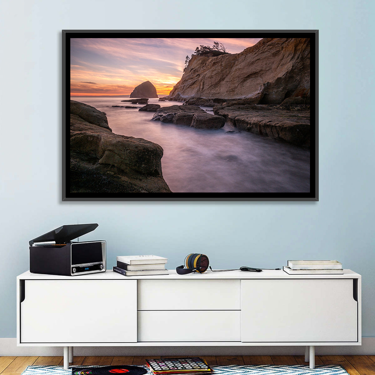 Haystack Rock at Cape Kiwanda Wall Art in a room, landscape
