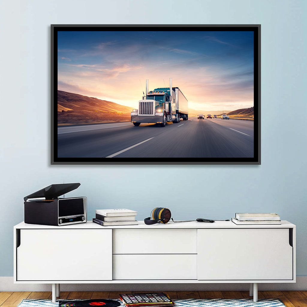 Semi Truck Highway Sunset Wall Art