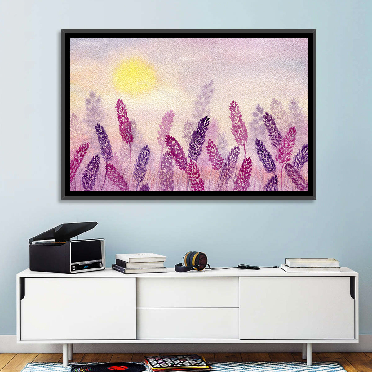 Sunlit Lavender Field Wall Art in a room, landscape