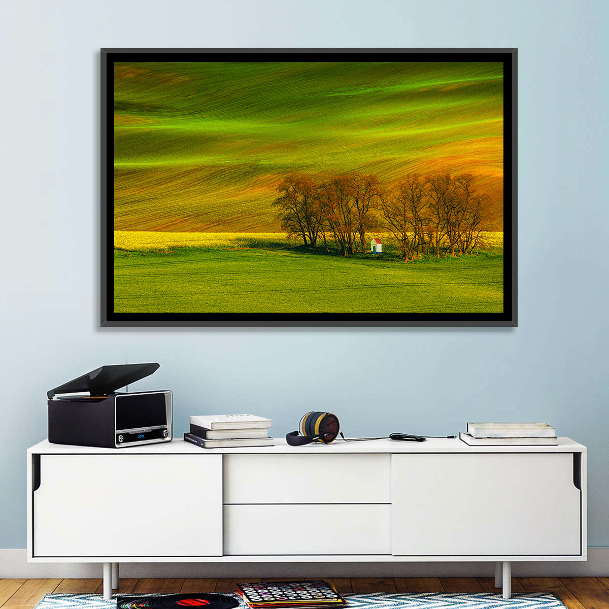Moravian Wheat Fields with Chapel Wall Art in a room, landscape