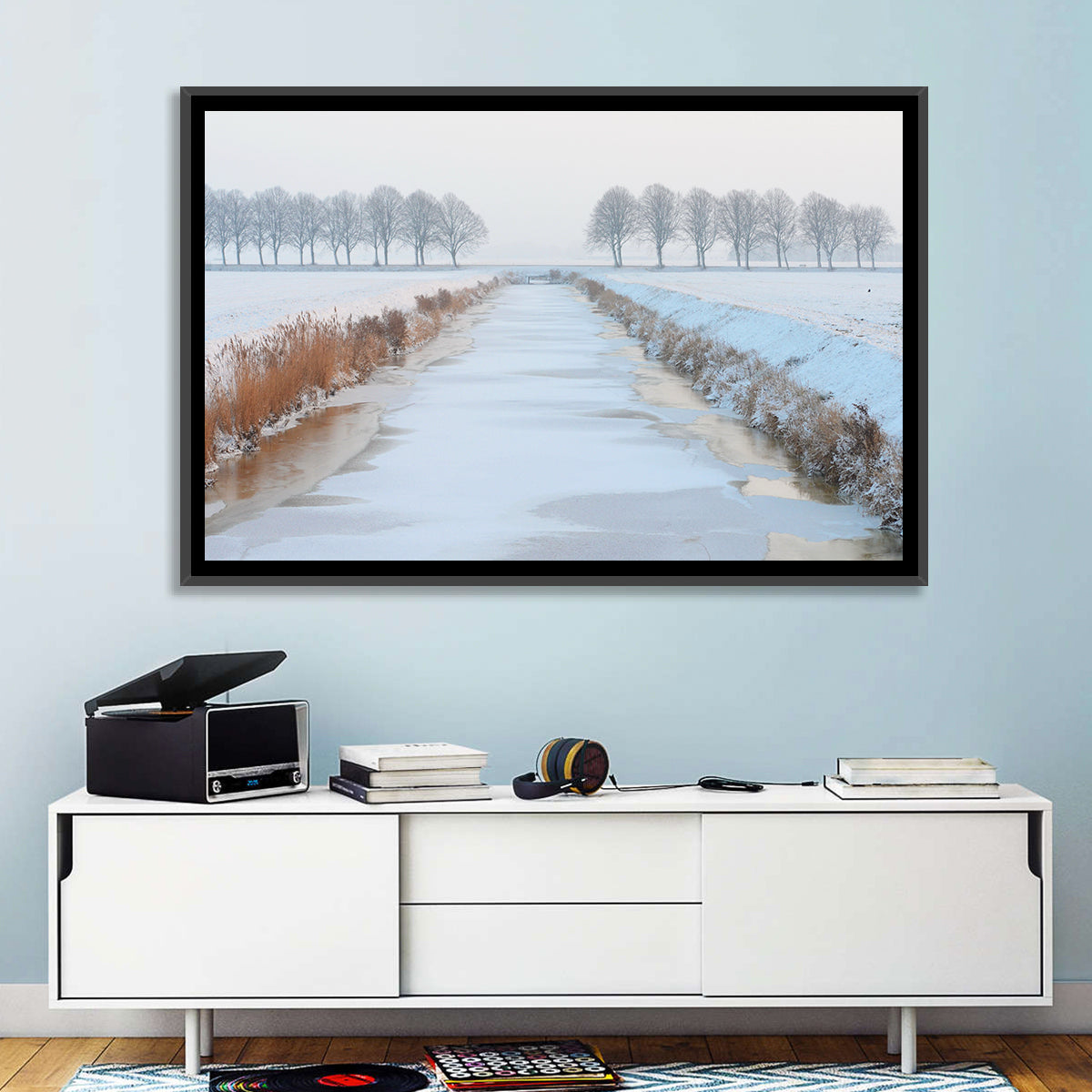 Frozen Canal with Bare Trees Wall Art in a room, landscape