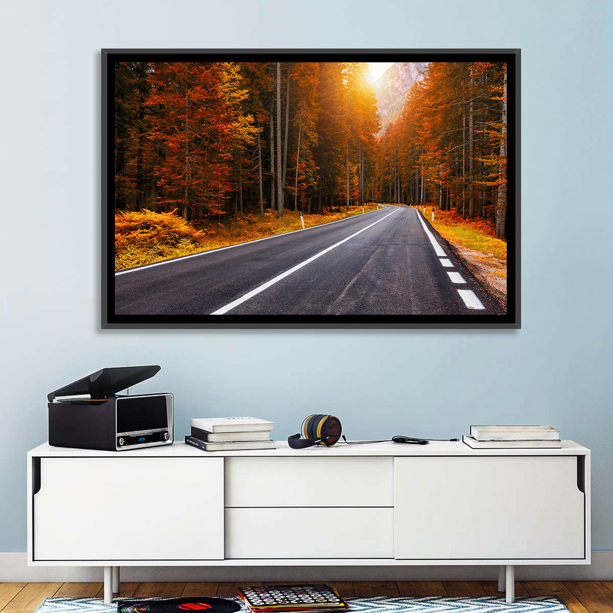 Golden Hour Forest Road Wall Art in a room, landscape