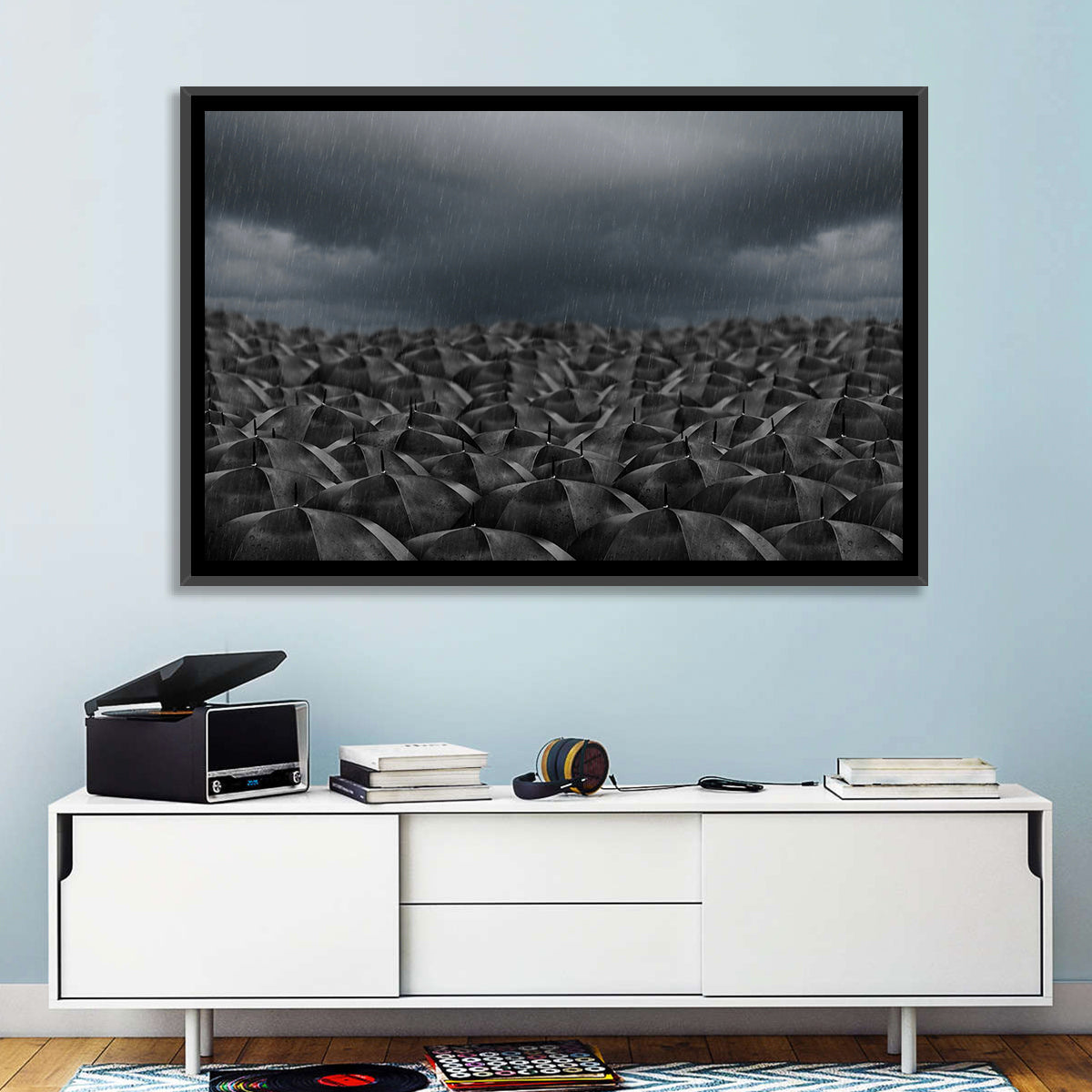 Clustered Umbrellas in Rain Wall Art