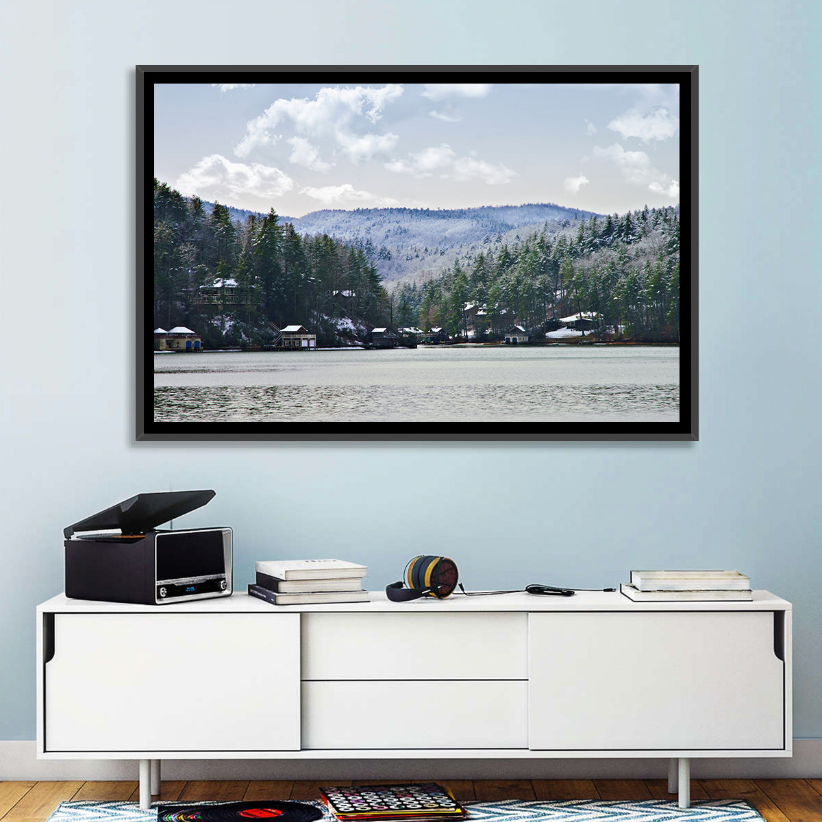 Lake Rabun Winter Scene Wall Art in a room, landscape
