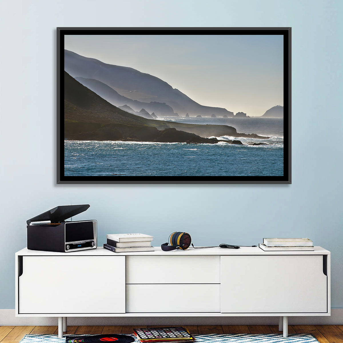 Misty Big Sur Coastline Wall Art in a room, landscape