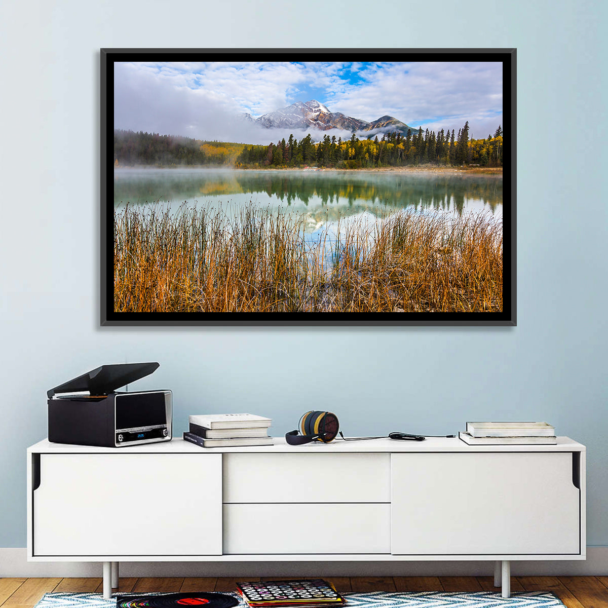 Pyramid Mountain with Golden Grasses Wall Art in a room, landscape