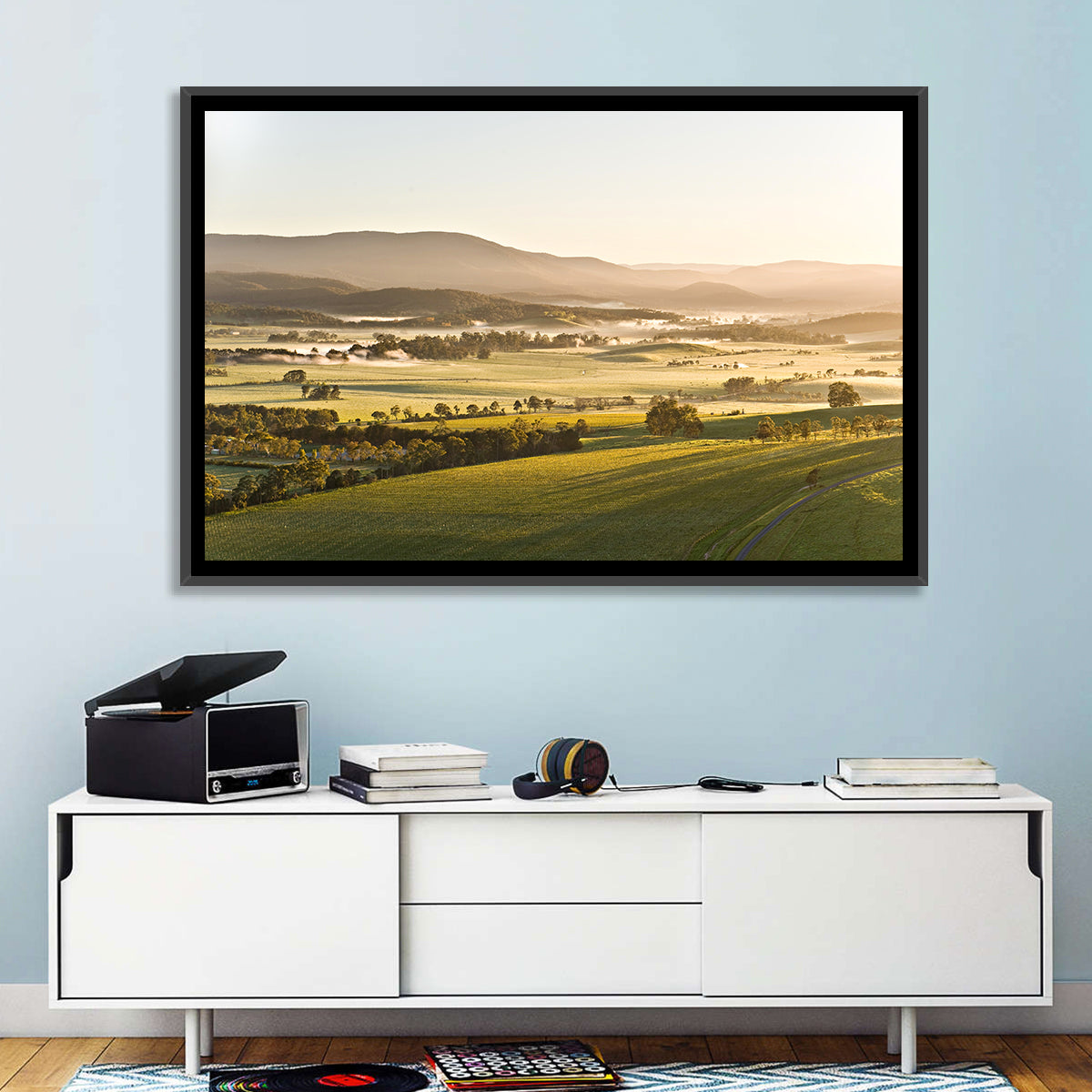 Yarra Valley Morning Mist Wall Art in a room, landscape