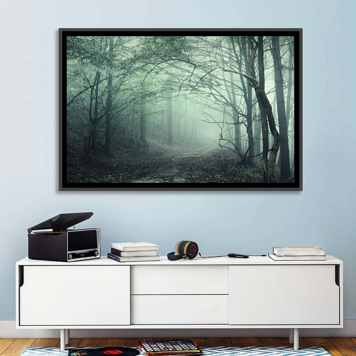 Misty Forest Path Wall Art in a room, landscape
