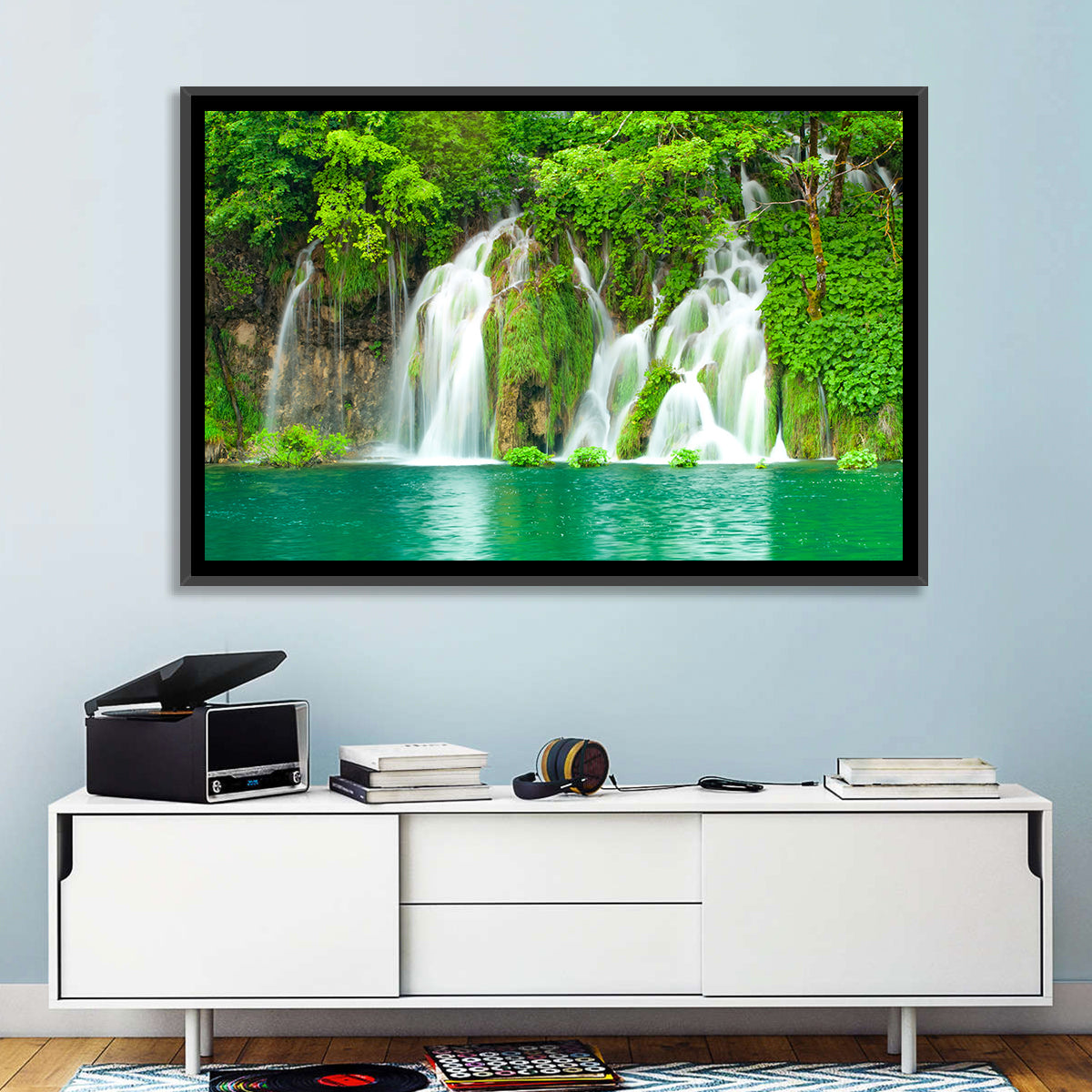 Plitvice Lakes Cascades Wall Art in a room, landscape