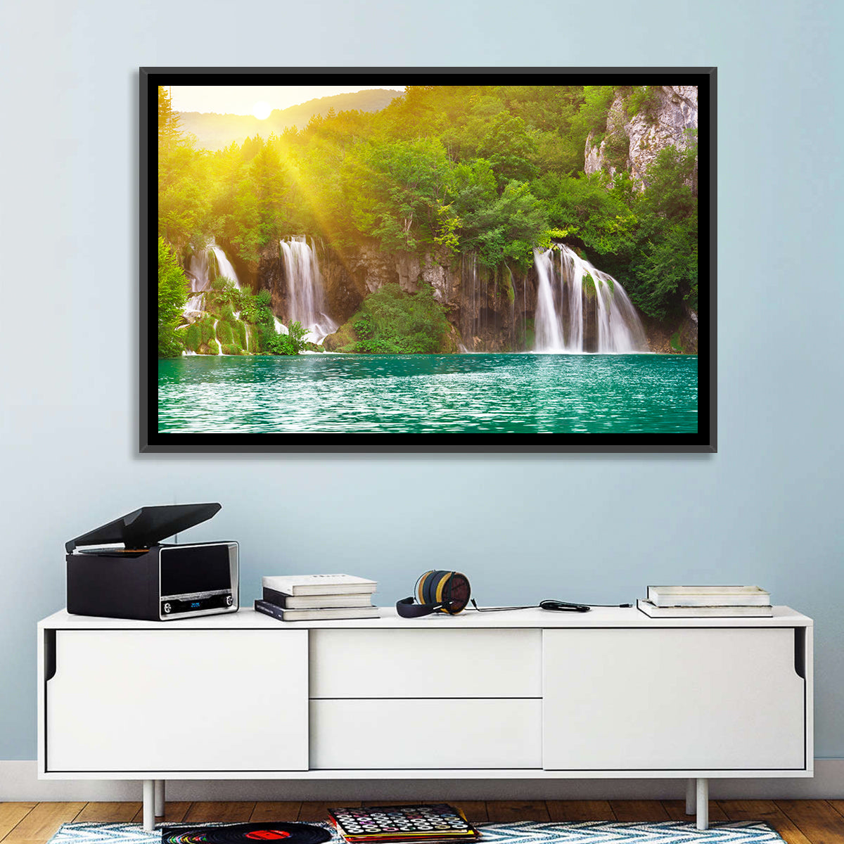 Plitvice Cascades at Sunrise Wall Art in a room, landscape