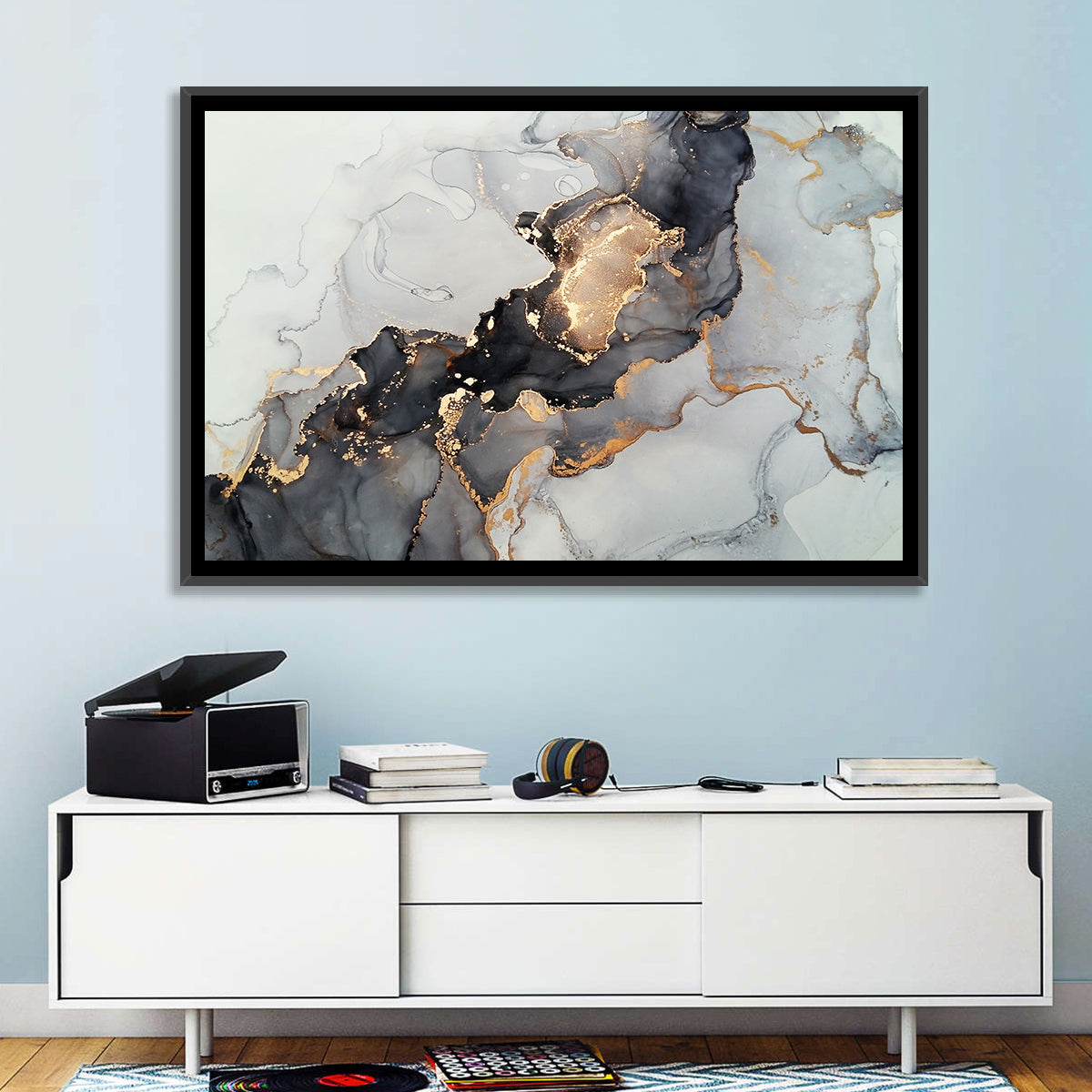 Black Fire Marble Abstract Wall Art in a room, landscape