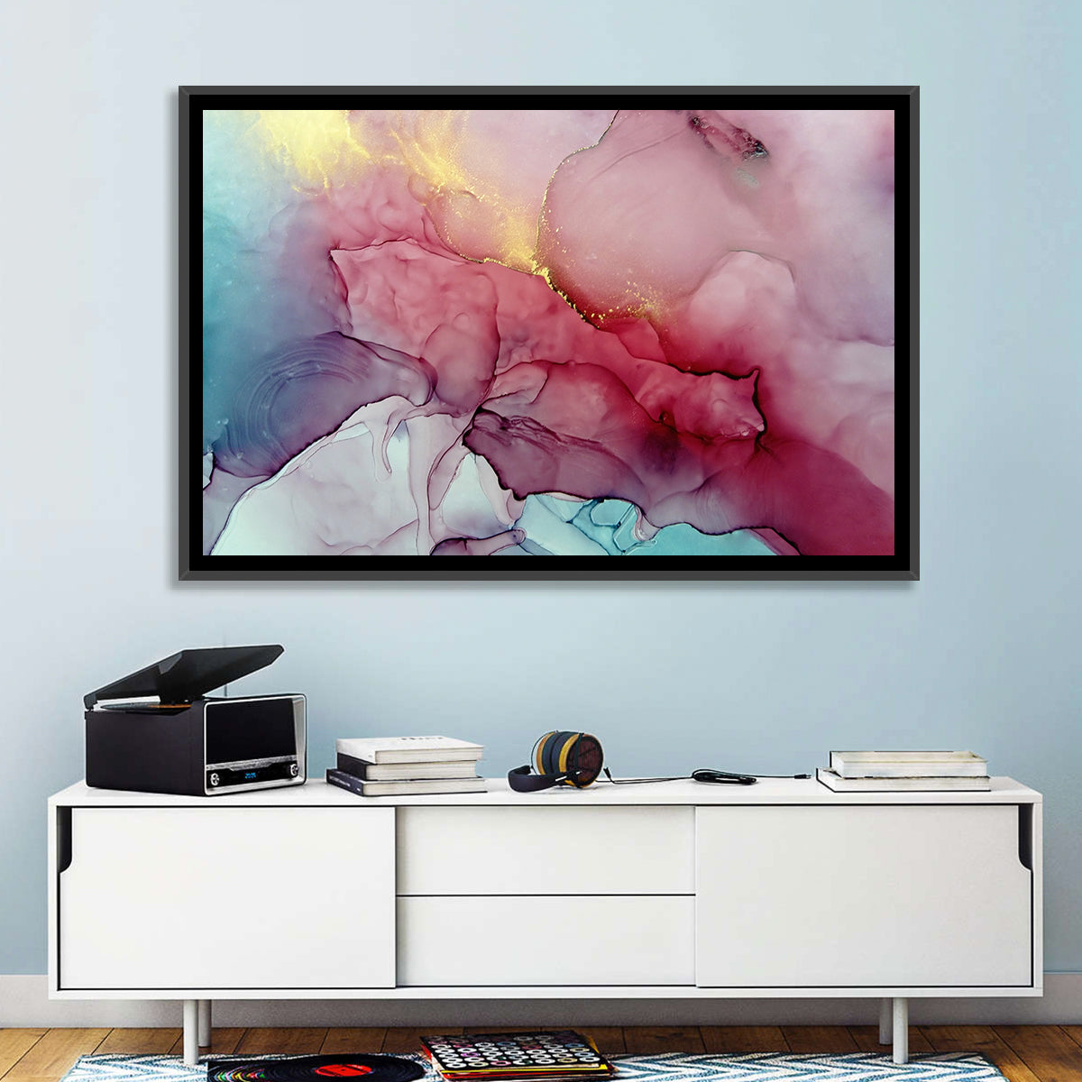 Pink and Gold Fluid Abstract Wall Art in a room, landscape