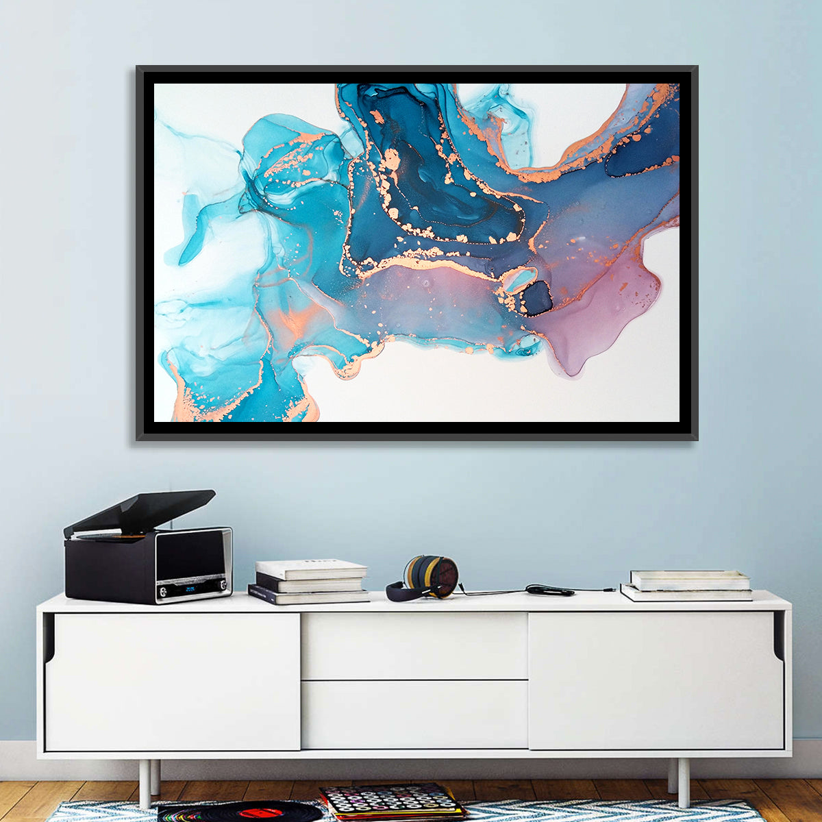 Fluid Ink with Metallic Gold Accents Wall Art in a room, landscape