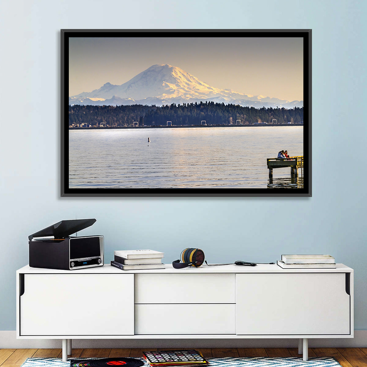 Mount Rainier Over Lake Washington Wall Art in a room, landscape