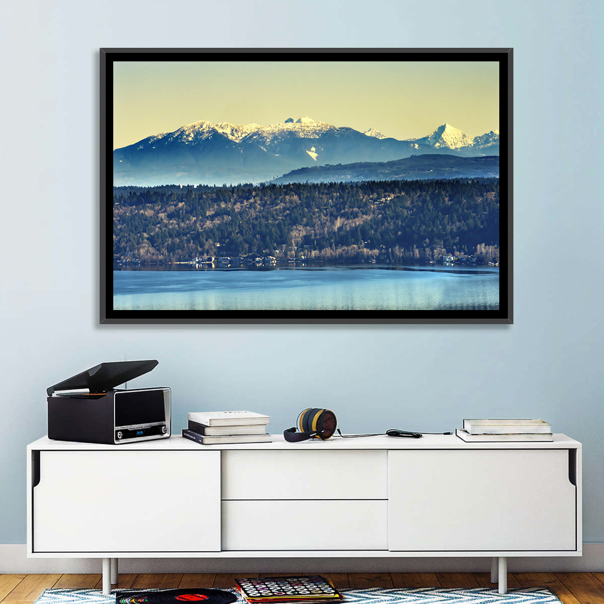 Lake Sammamish Reflection Wall Art in a room, landscape