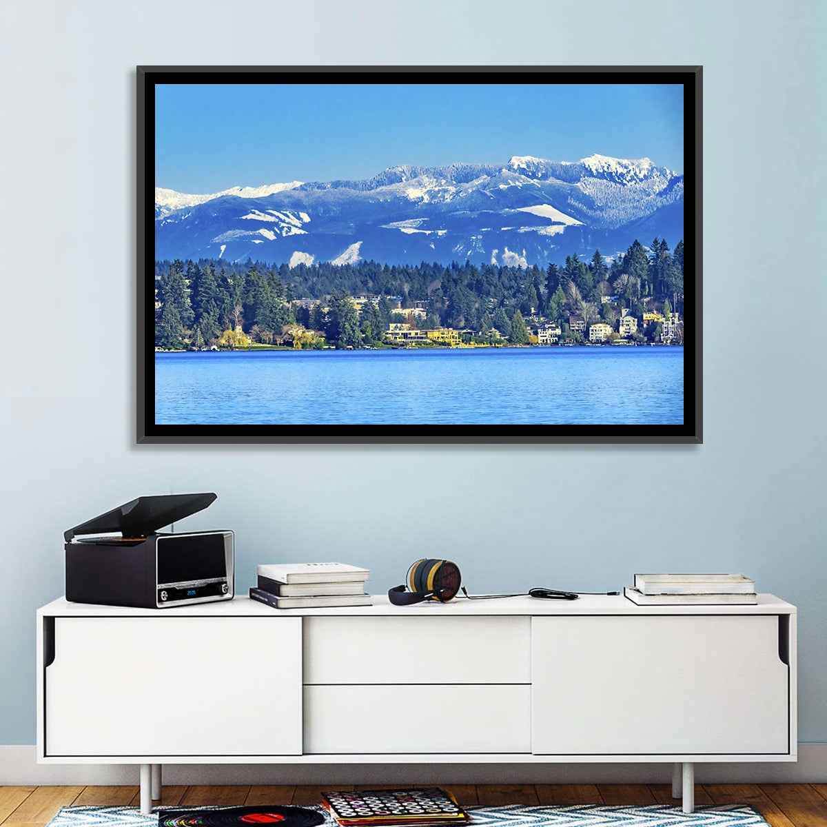 Lake Washington Snow-capped Peaks Wall Art in a room, landscape