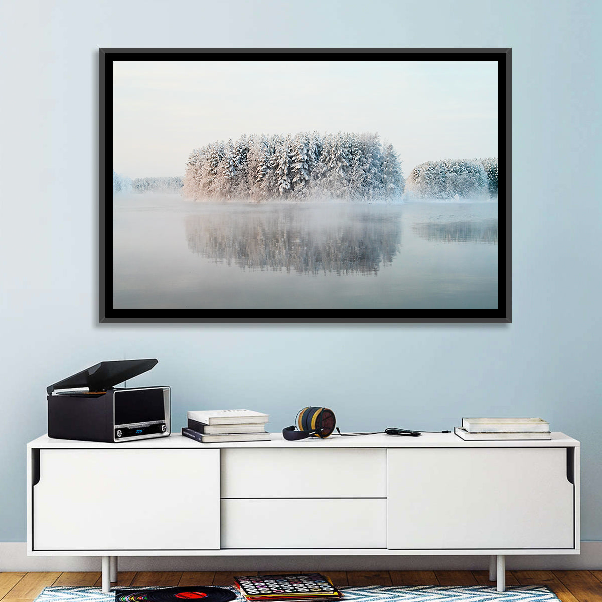 Misty Karelia Lake Wall Art in a room, landscape