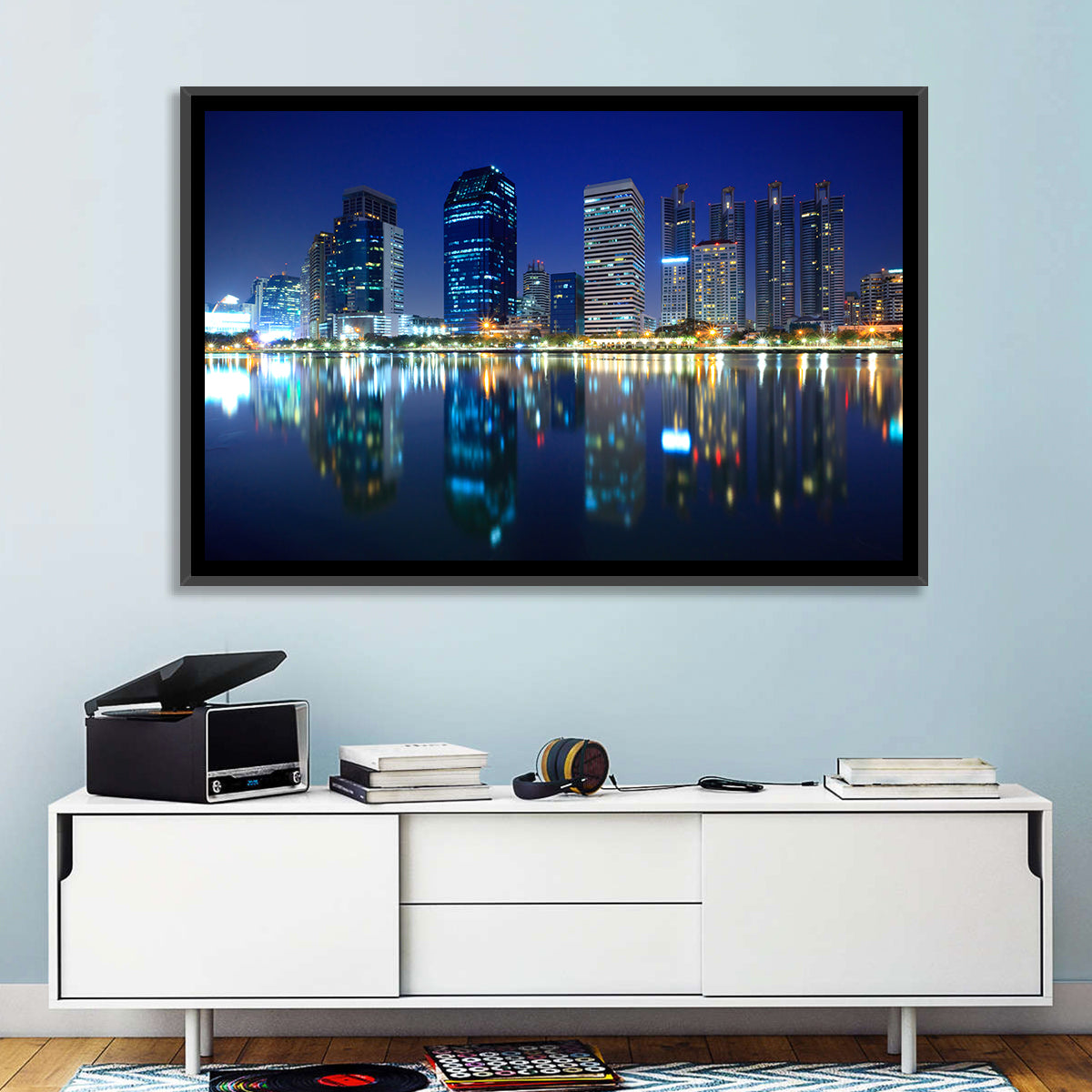 Benjakitti Park Night Skyline Wall Art in a room, landscape