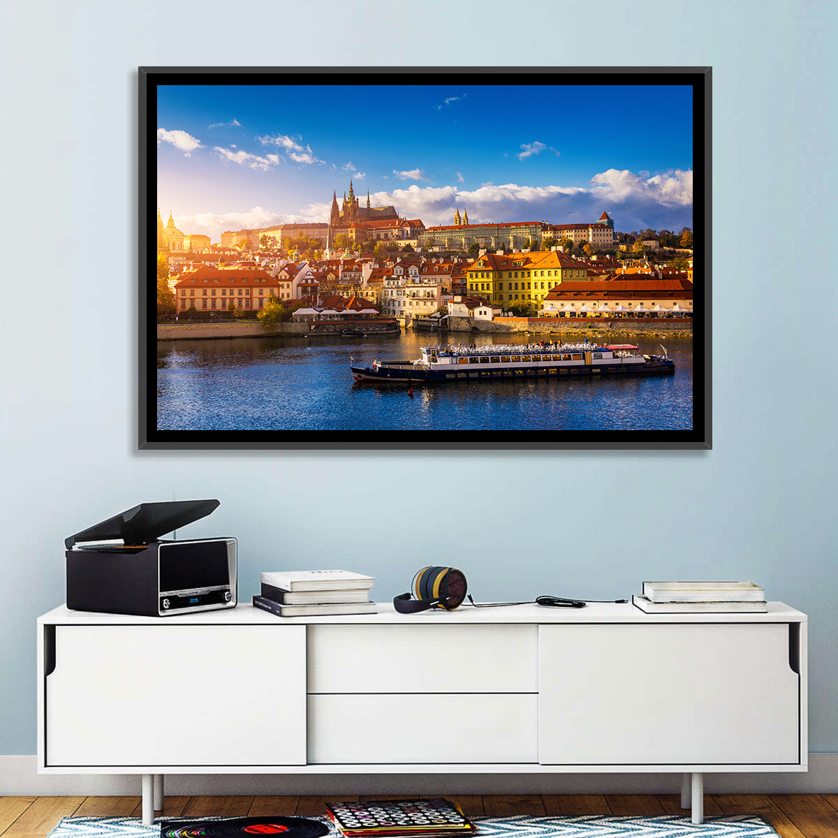 Prague Castle Golden Hour River View Wall Art in a room, landscape
