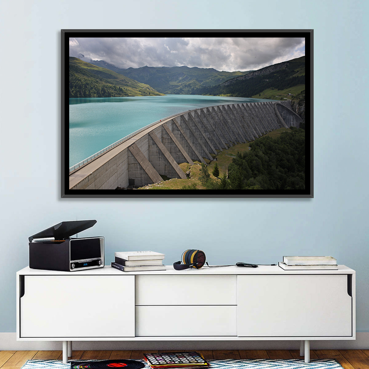 Curved Dam on Turquoise Lake Wall Art in a room, landscape