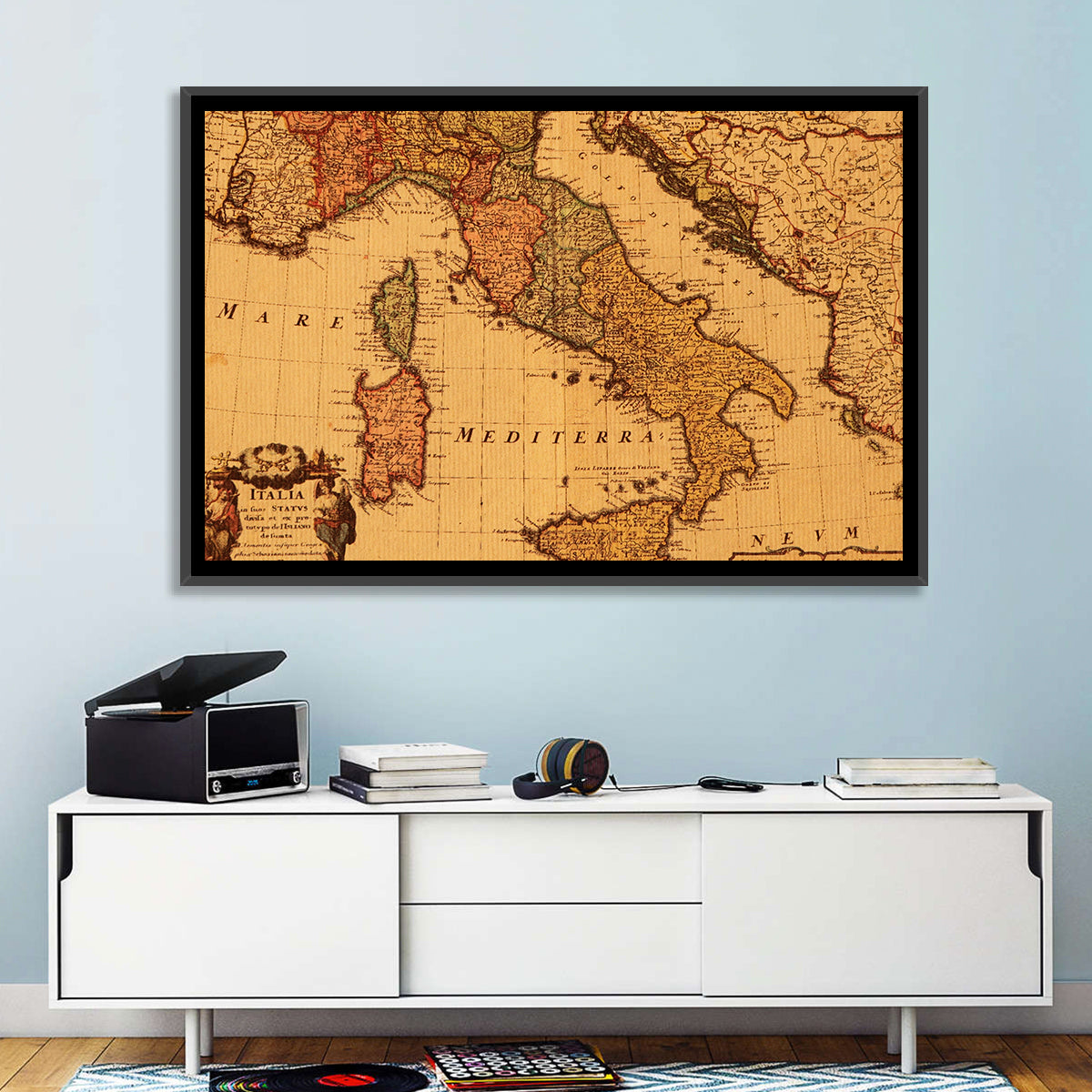 Antique Map of Italy with Ornate Cartouche Wall Art in a room, landscape