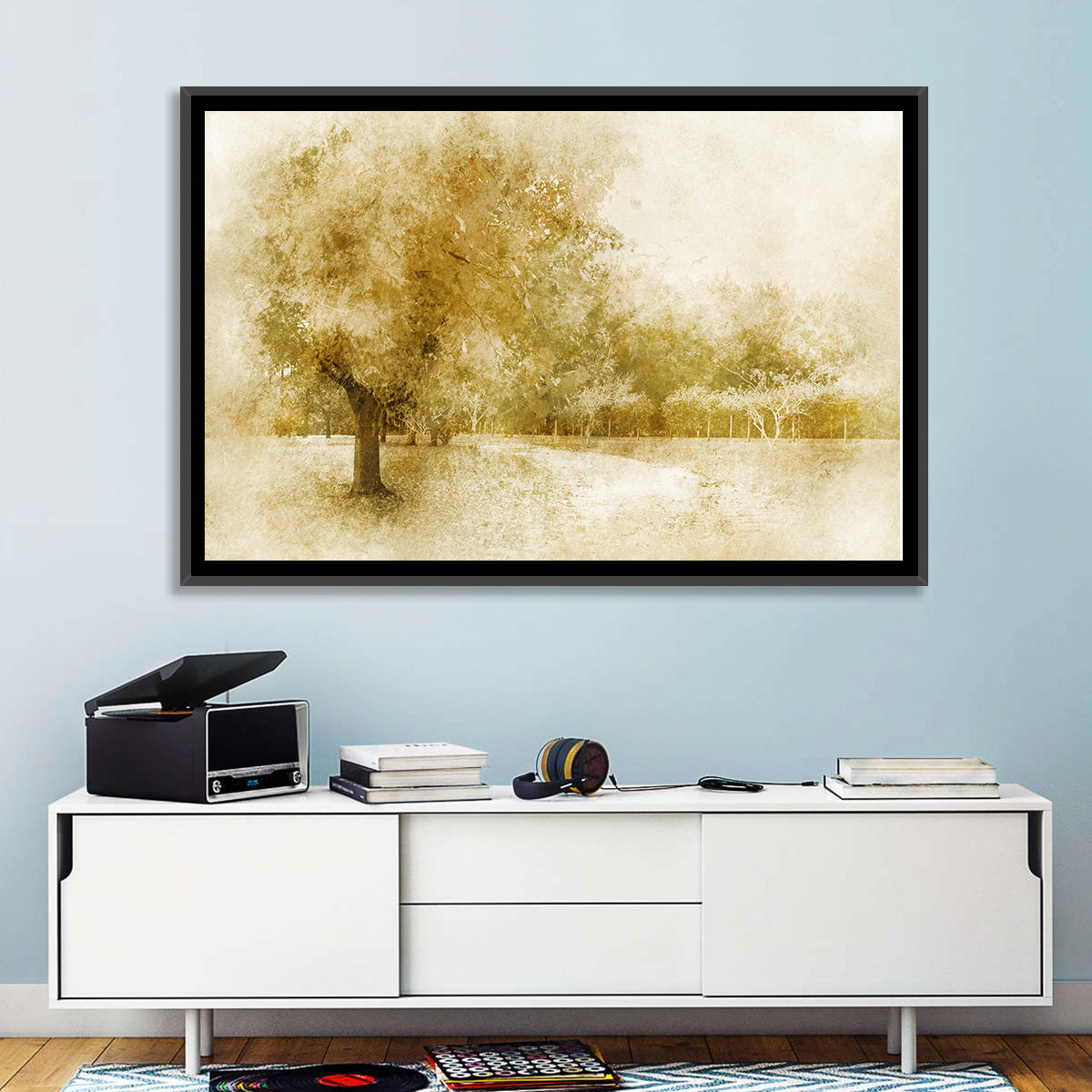 Sepia Orchard Pathway Wall Art in a room, landscape