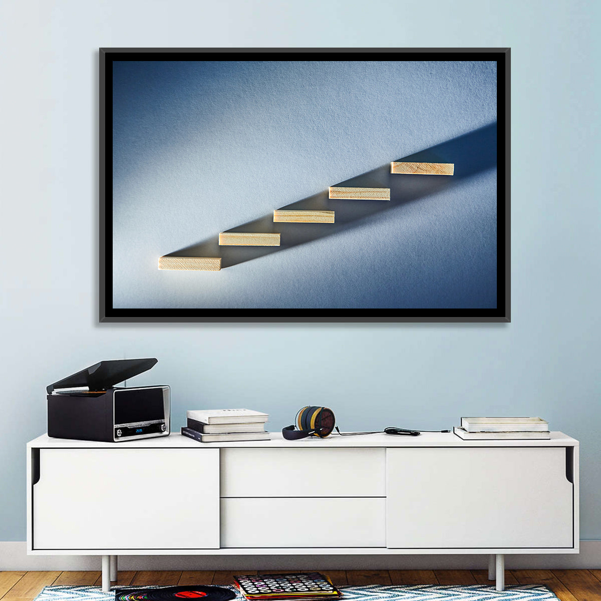 Five Wooden Steps Abstraction Wall Art in a room, landscape