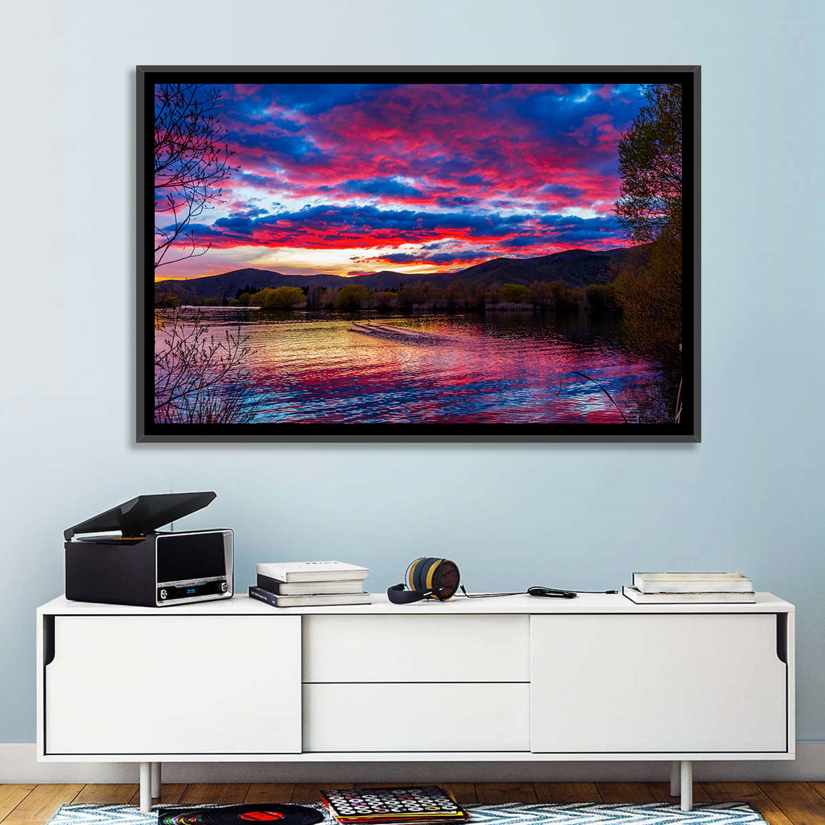 Lake Wairepo Arm Sunrise Reflection Wall Art in a room, landscape