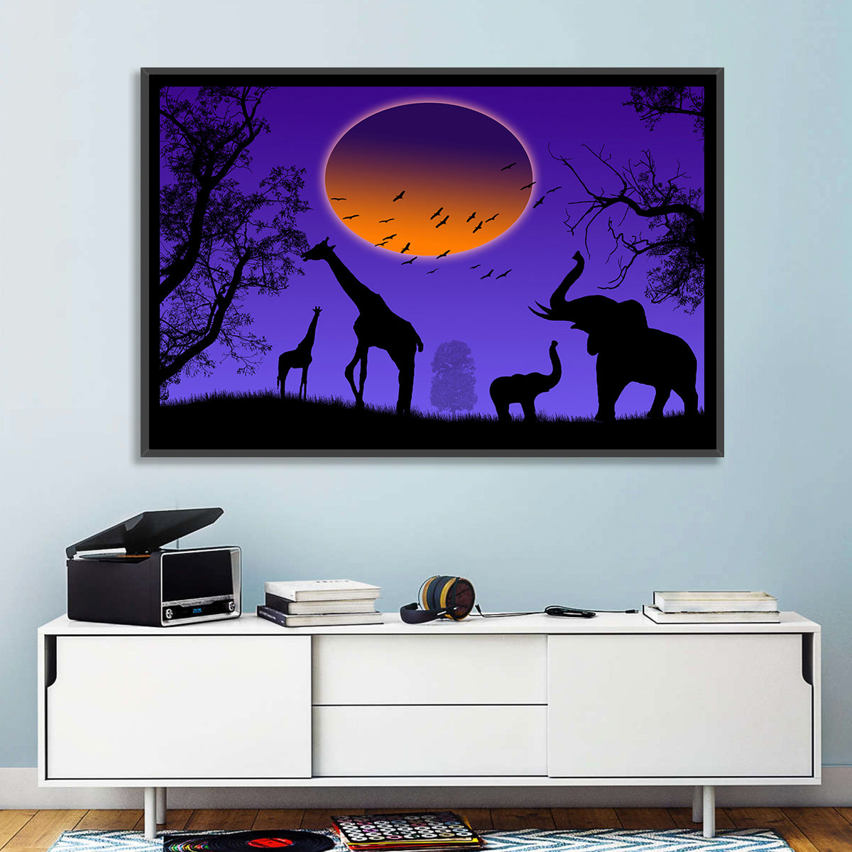 Sunset Savannah Silhouette Wall Art in a room, landscape