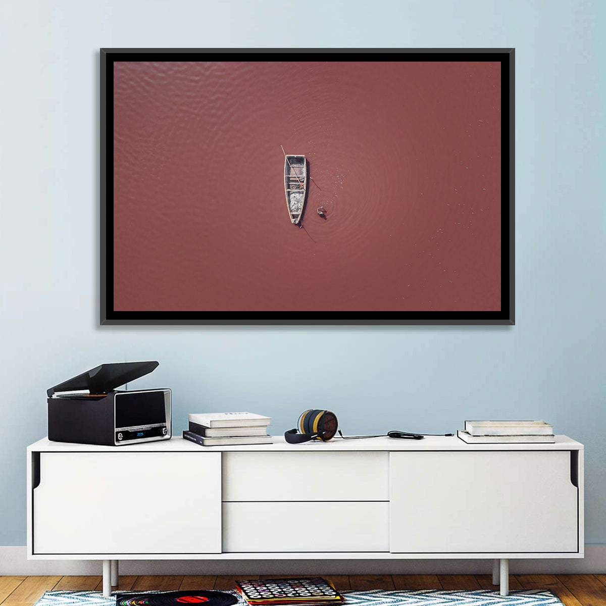 Lake Retba Aerial with Boat Wall Art in a room, landscape