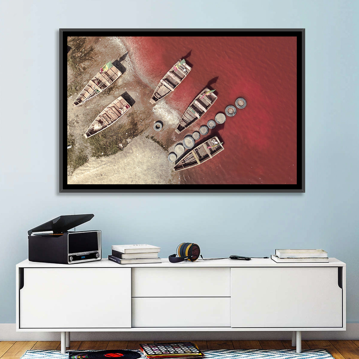 Wooden Boats on Lake Retba Wall Art in a room, landscape