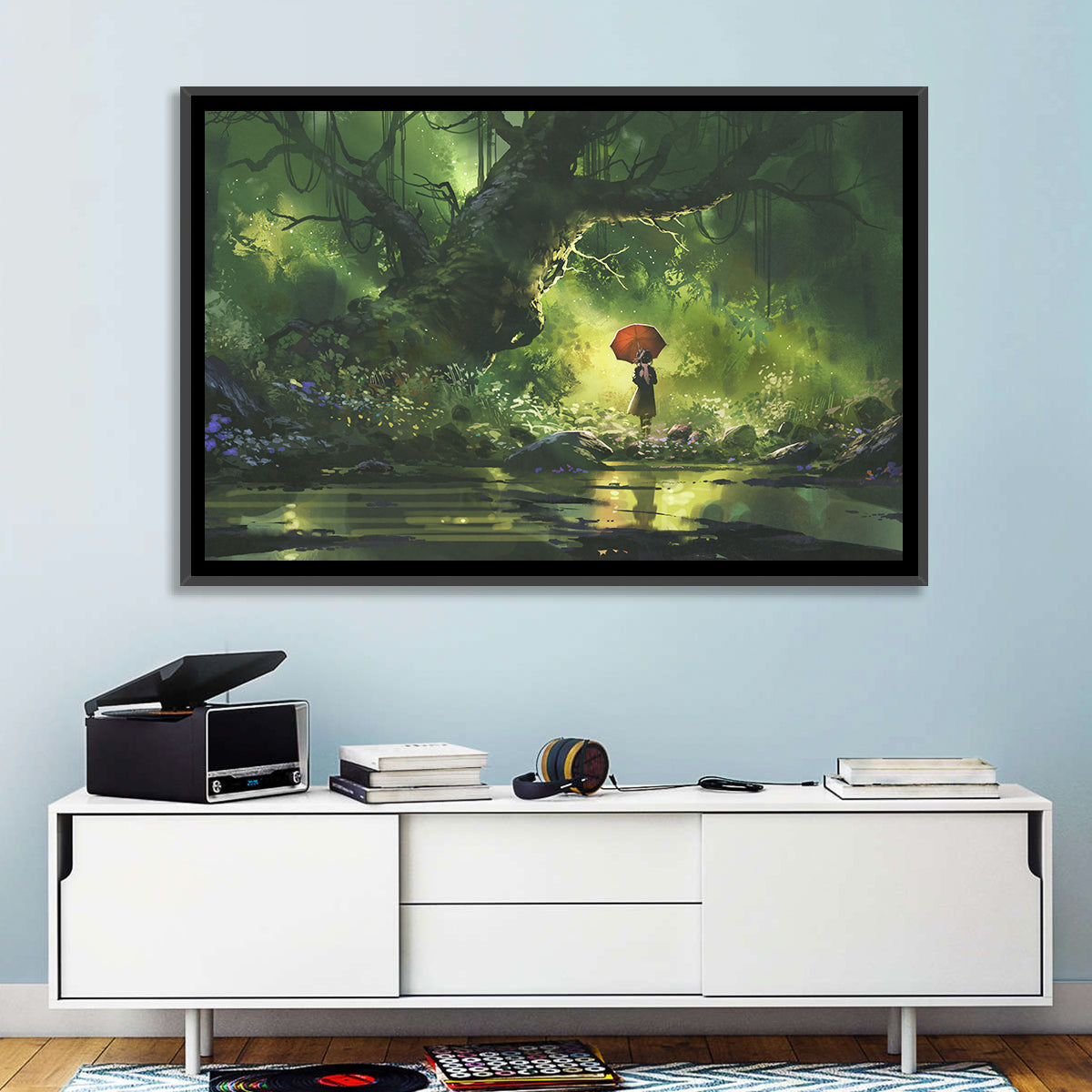 Girl with Umbrella in Mysterious Forest Wall Art in a room, landscape