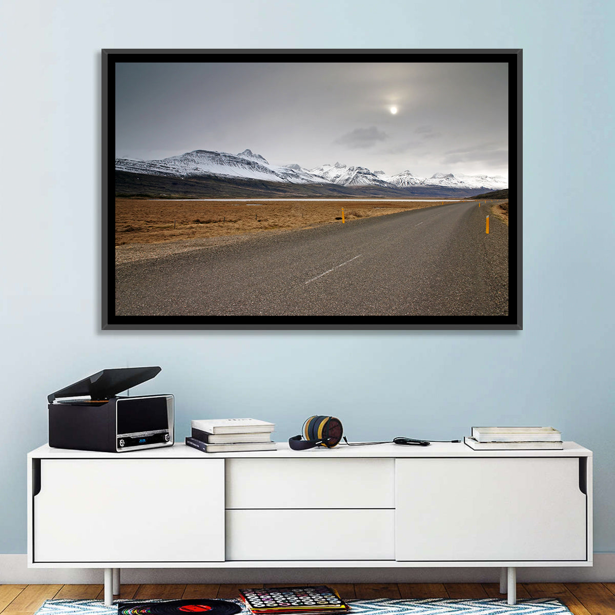 Icelandic Road to Snow-capped Mountains Wall Art in a room, landscape