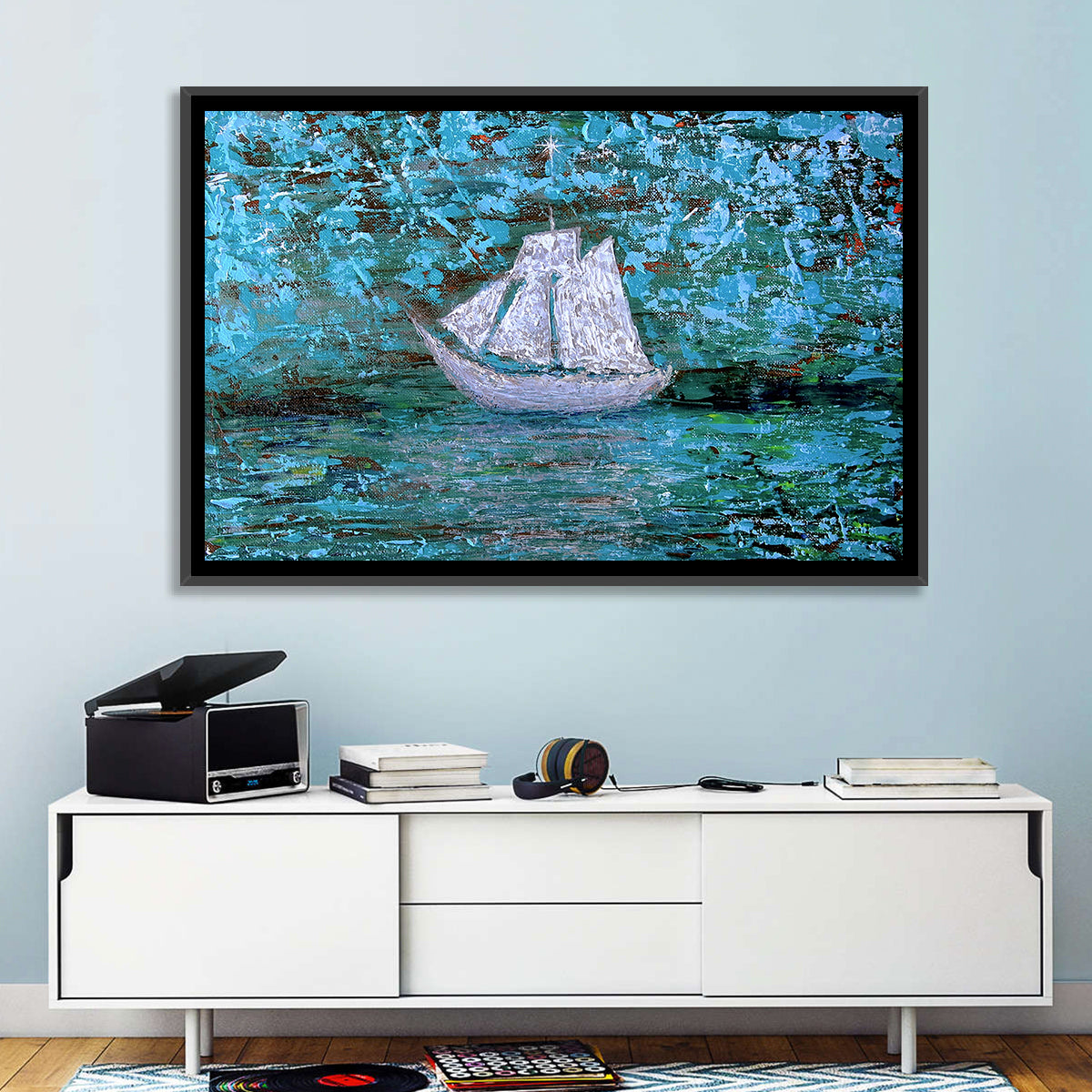 White Sailboat Reflection Wall Art in a room, landscape