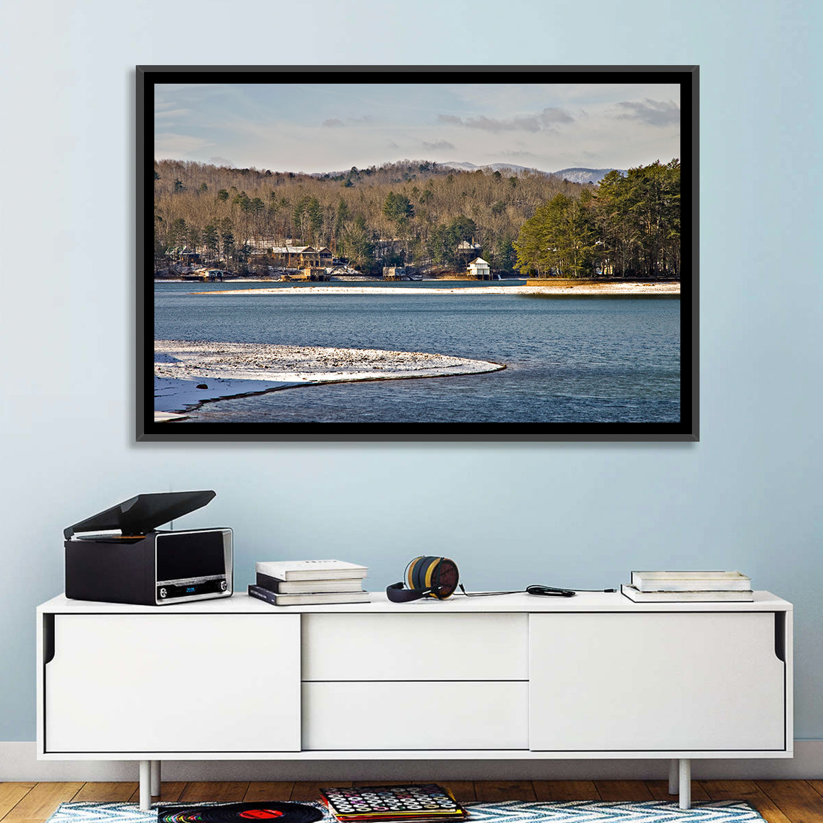 Lake Burton Winter Shoreline Wall Art in a room, landscape