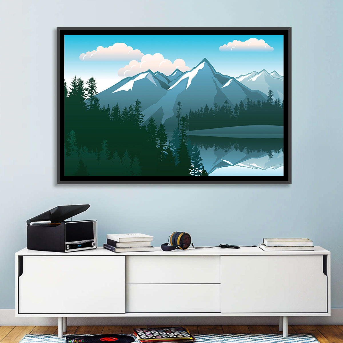 Tranquil Mountain Lake Illustration Wall Art in a room, landscape
