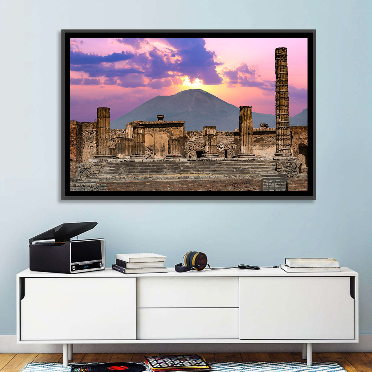 Pompeii Columns at Sunset, Mount Vesuvius Wall Art in a room, landscape